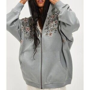 Free People Glitter Oversized Hoodie Top Embellished Embroidered Cotton M 286428